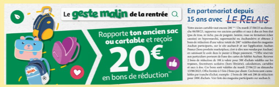 Auchan : Bon d'achat de 10�?� pour la reprise de votre cartable et sac au dos - Le Panier de Phan?�lia